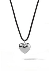 Silver Puffed Heart Cord Necklace